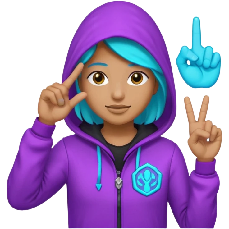 Hooded Vault Pioneer saluting with two fingers, neon purple-cyan glow, badge on chest, emoji style emoji