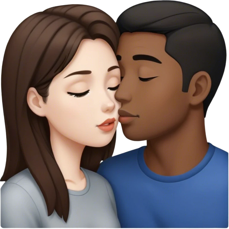 Brown haired white girl kissing black haired Asian man emoji