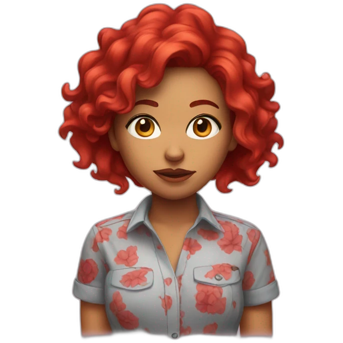 Latina with red hair and scary shirt emoji