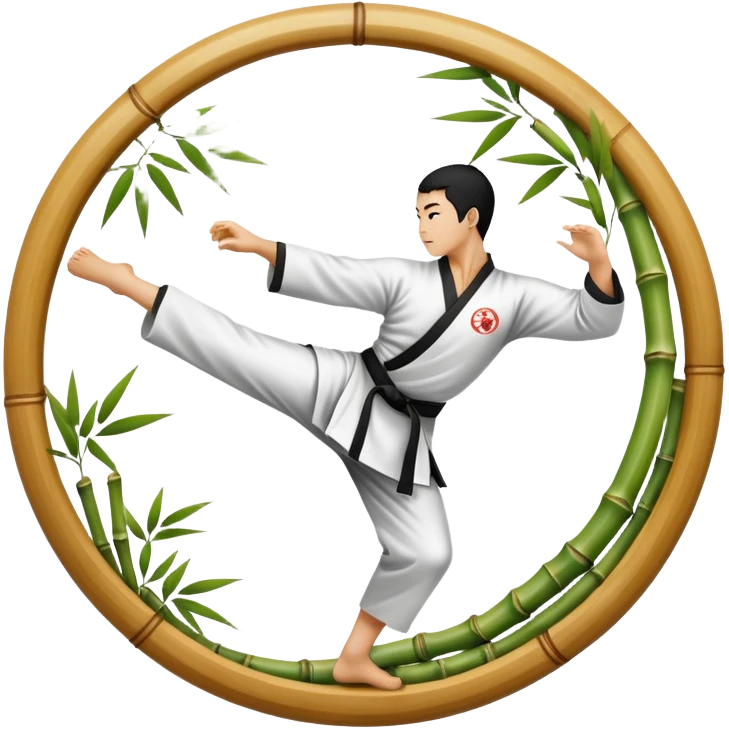 An icon symbolizing Eastern martial arts in the style of an emblem, with a black-and-white Yin-Yang symbol at the center. The design shows a martial artist performing a graceful kick, surrounded by bamboo and traditional elements. Transparent background emphasizes balance and harmony. emoji