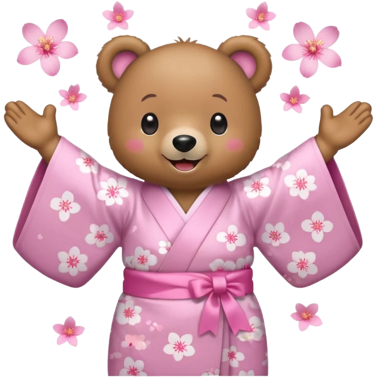 A cute light-brown bear wearing a pastel pink sakura-patterned kimono with a small ribbon on the back, normal balanced head and body ratio, joyful excited expression with sparkling round eyes and a wide happy smile, arms raised in excitement, a few pink sakura petals floating around emoji