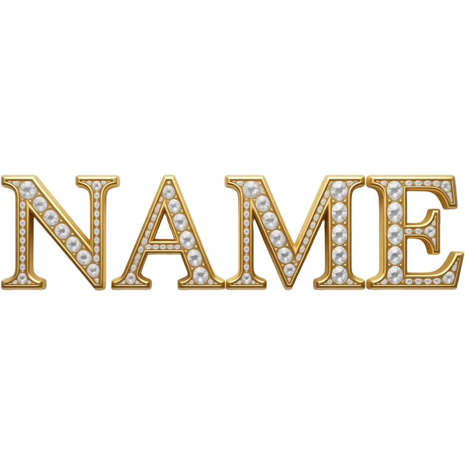 The text 'NAME' in elegant glowing serif typography, 3D embossed gold with diamond-encrusted edges. Top-down studio lighting, sharp focus, isolated on white, luxury brand aesthetic emoji