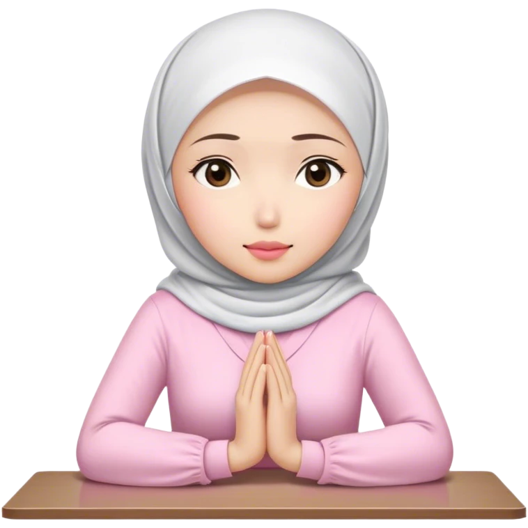 A white Asian woman, white hijab women are listening with her hands folded on the table. her lips is pink. her outfit & hijab color is white. Her fingers are 10. emoji