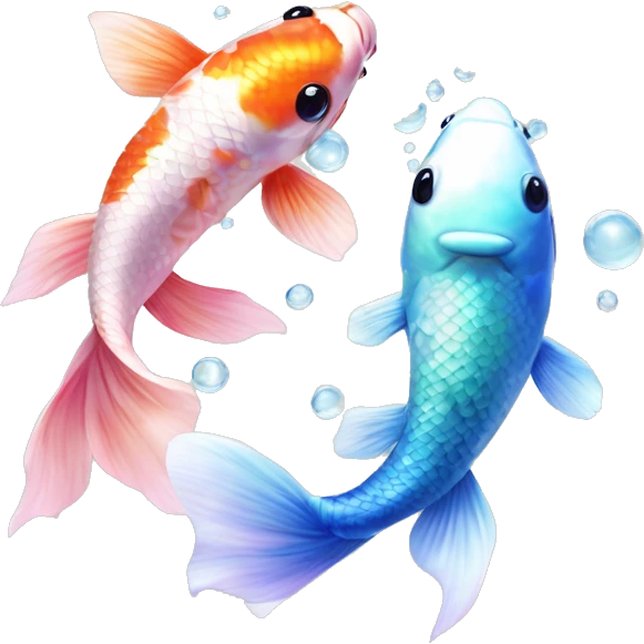  Two realistic koi fish, one green & blue, the other pink & white, swimming in circle, ying yang, Pisces fish, cloudy, water, dreamy, bubbles, iridescent emoji