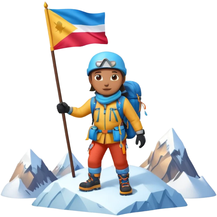 A 3D cartoon mountaineer standing on a snowy Everest-like summit with a flag, wearing colorful climbing gear, soft lighting, Memoji-style. emoji