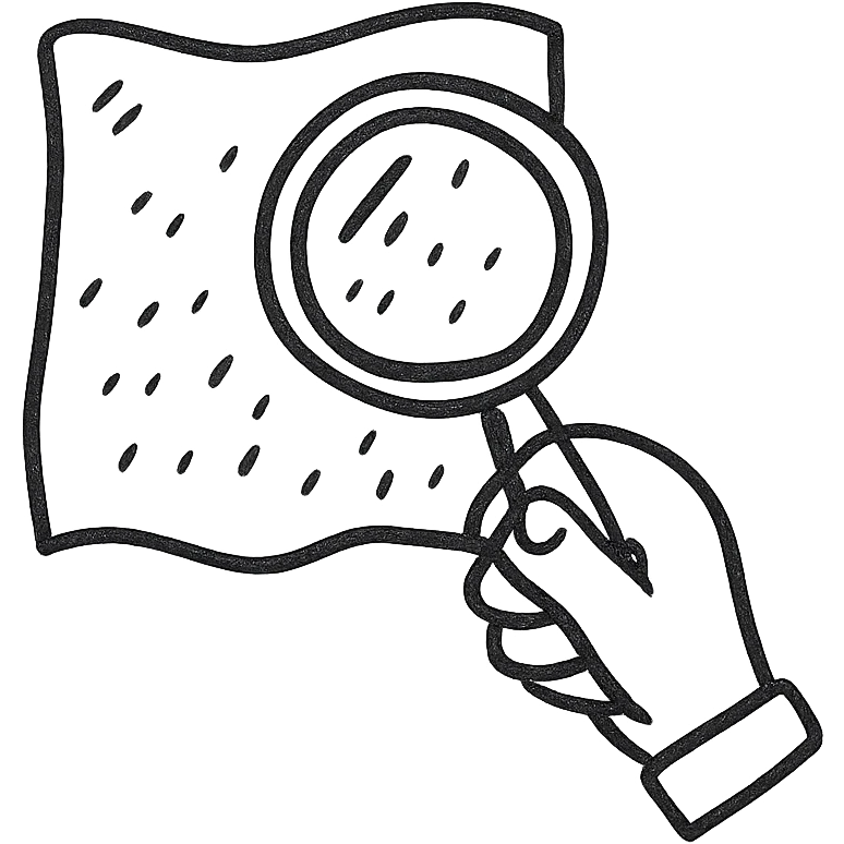 a hand holding a magnifying glass inspecting fabric, clear modern icon style emoji