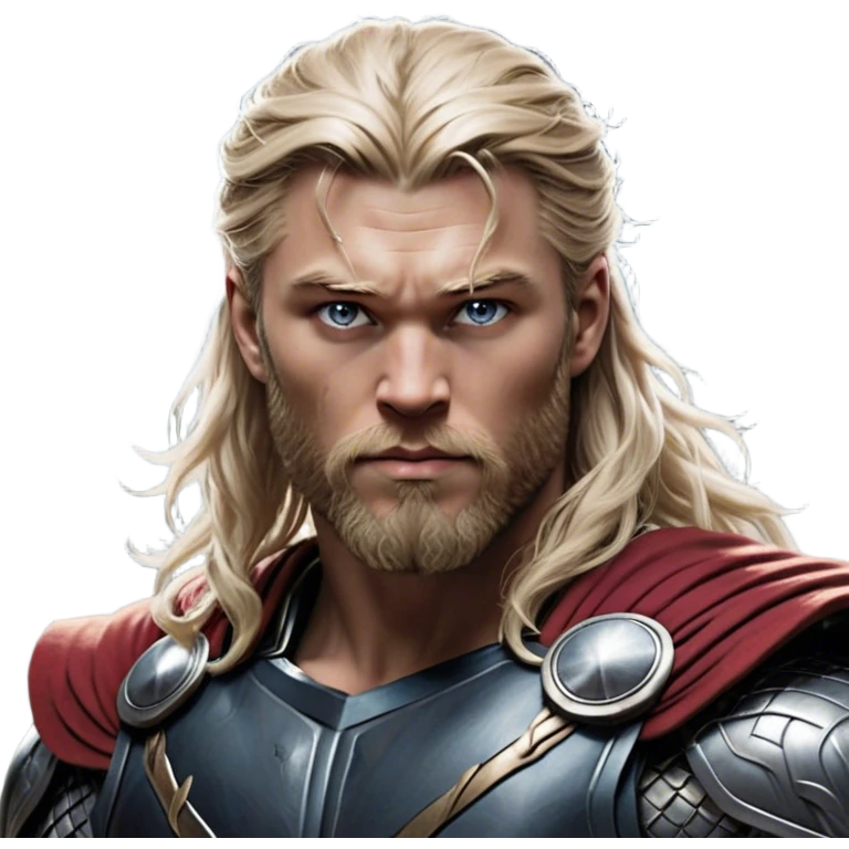 Cinematic Realistic Thor Portrait, depicted with lifelike skin texture and a commanding, muscular build that radiates divine strength. His piercing eyes, framed by rugged, flowing hair and a well-groomed beard, exude both determination and amiable authority. Clad in his signature armor with subtle hints of mystical lightning, the portrait is rendered in dynamic natural lighting with a radiant, heroic glow. emoji