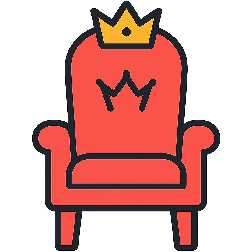 Minimalist DnD king throne icon in red outline. Simple fantasy royal seat with basic crown symbol on top. emoji