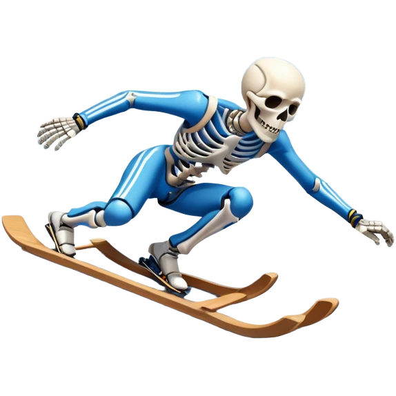 An icon showing a skeleton athlete racing headfirst on a small sled down an icy track. The scene includes dynamic motion lines, icy curves, and a snowy mountain backdrop under a crisp blue sky. Transparent background emphasizes the speed and intensity of the sport. emoji