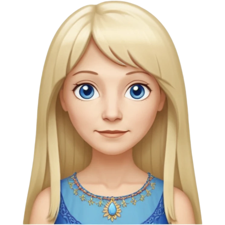 50 yr old white woman, hippie parted very long hair, short bangs, very long straight blond hair, oval face, small smile, blue eyes, thin face, hair downback, hair parted at center of head, round cheeks, pale, longer hair, white evening dress emoji