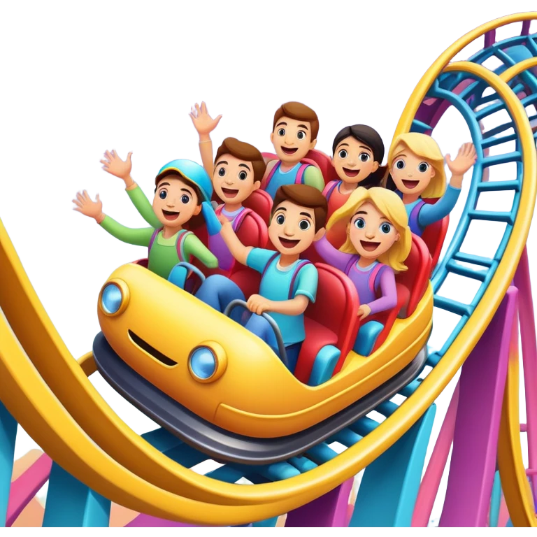 roller coaster with people riding, cheerful expressions emoji