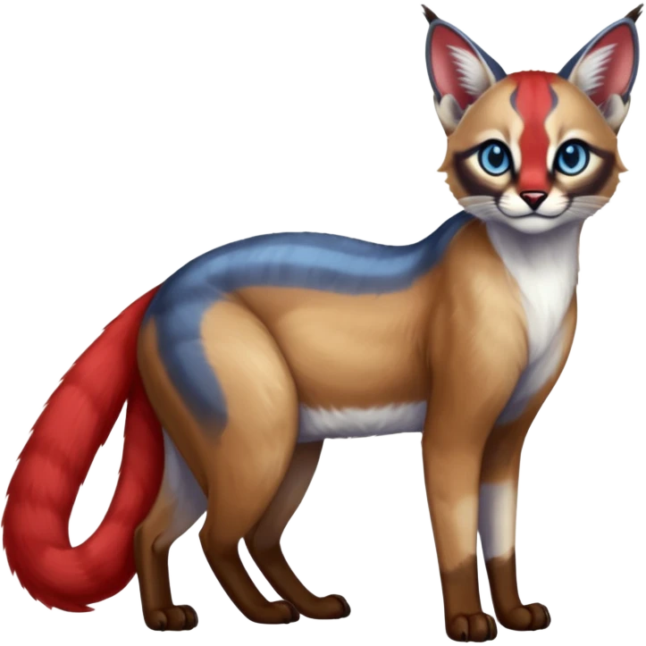White and blue and red Asian painted anime-styled big-eyed shiny glorious divine marked exotic cool beautiful realistic caracal-civet-genet-sergal-oncilla-animal-Fakémon-hybrid-fursona (full body) emoji