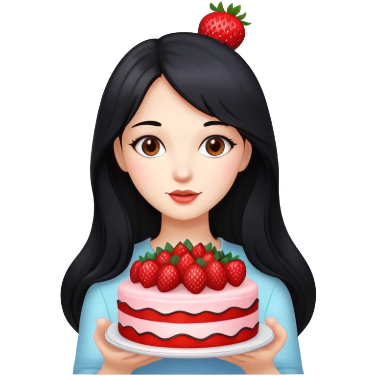 Beautiful girl with long black hair holding a strawberry cake emoji