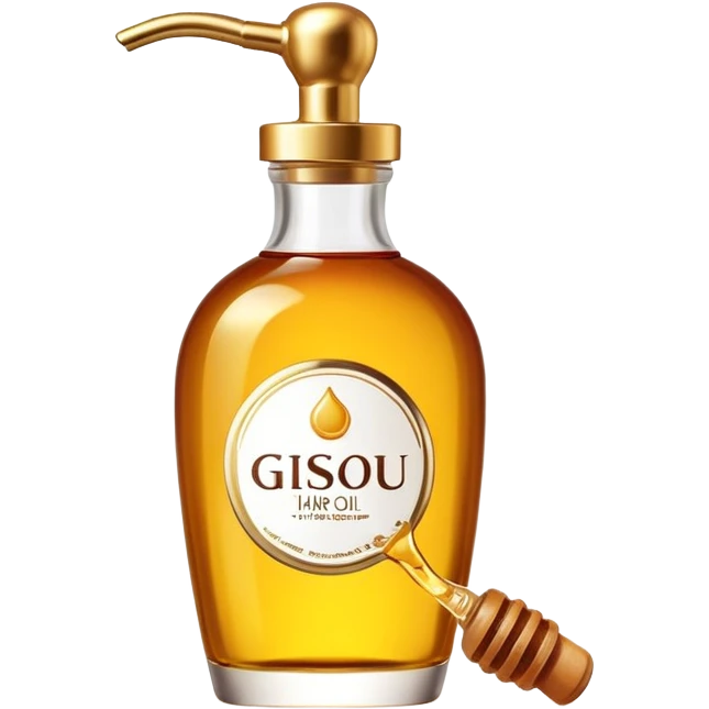 Gisou hair oil bottle, elegant glass bottle with gold cap, honey-infused hair oil, beauty product emoji