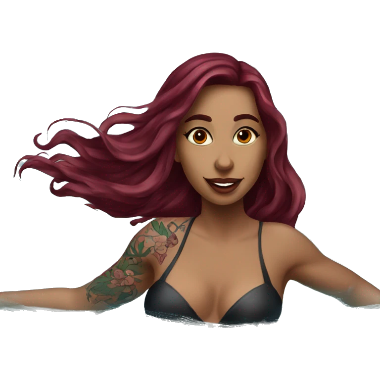 Beautiful tattooed  burgundy long haired woman swimming in a pool emoji