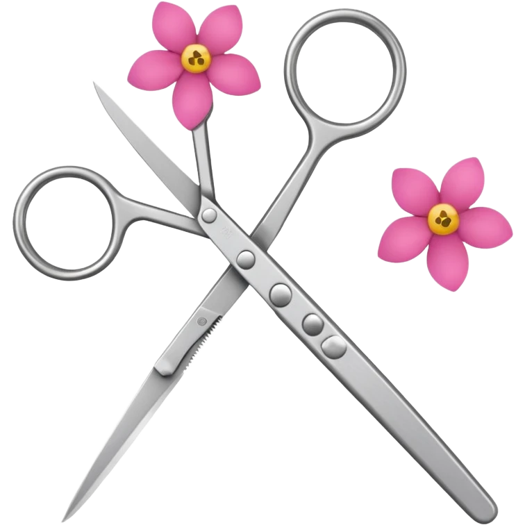 Closed flower pruning scissors with two blades, flower petals nearby emoji