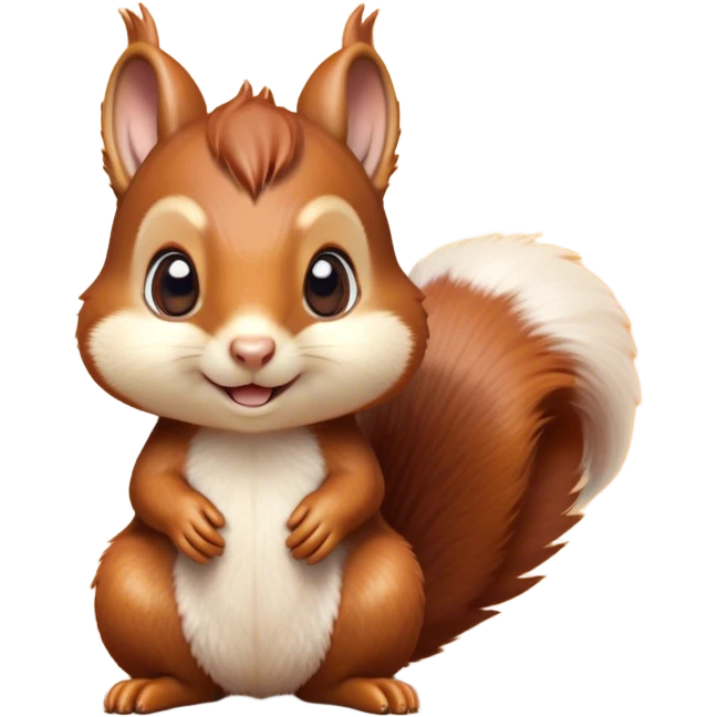 Cinematic Cute Squirrel Portrait Emoji, Head tilted playfully and inquisitively, featuring a fluffy, vibrant auburn Fur with a delicate cream belly and a bushy tail, round, sparkling eyes filled with curious mischief, Simplified yet irresistibly adorable features, highly detailed, glowing with a warm, friendly glow, high shine, affectionate and lively, stylized with a touch of woodland whimsy, bright and endearing, soft glowing outline, capturing the essence of a mischievous yet loving squirrel, so playful it feels like it could leap out of the screen and into your arms! emoji