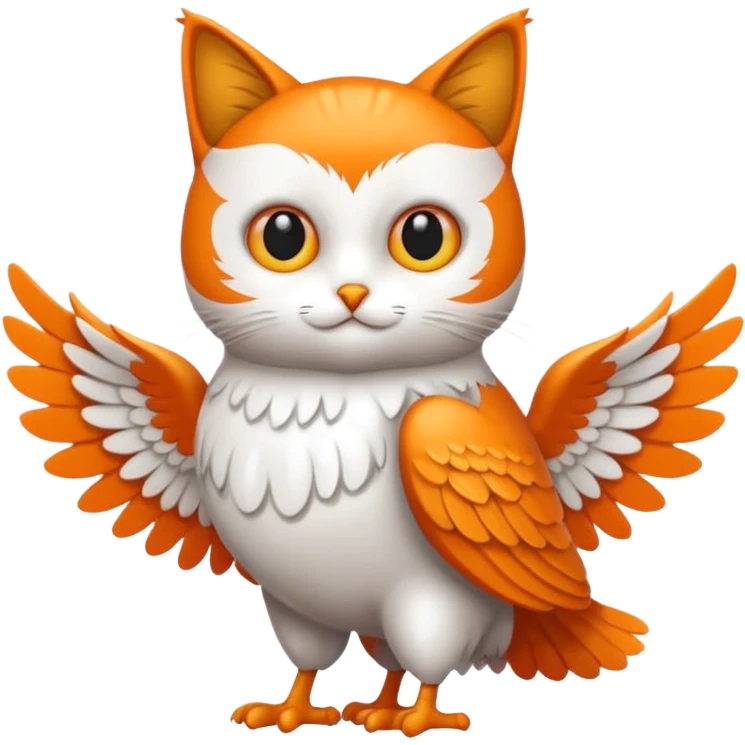 crea un gato con alas de búho con pelaje color naranja y blanco emoji