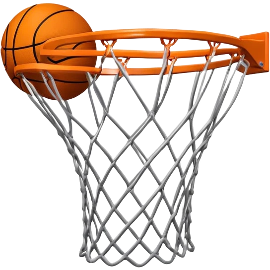A close-up of a basketball hoop with the ball swishing through the net, captured mid-air. The background emphasizes the tension and excitement of the moment, with the rim and net in sharp focus, showcasing the precision and skill of the sport. emoji