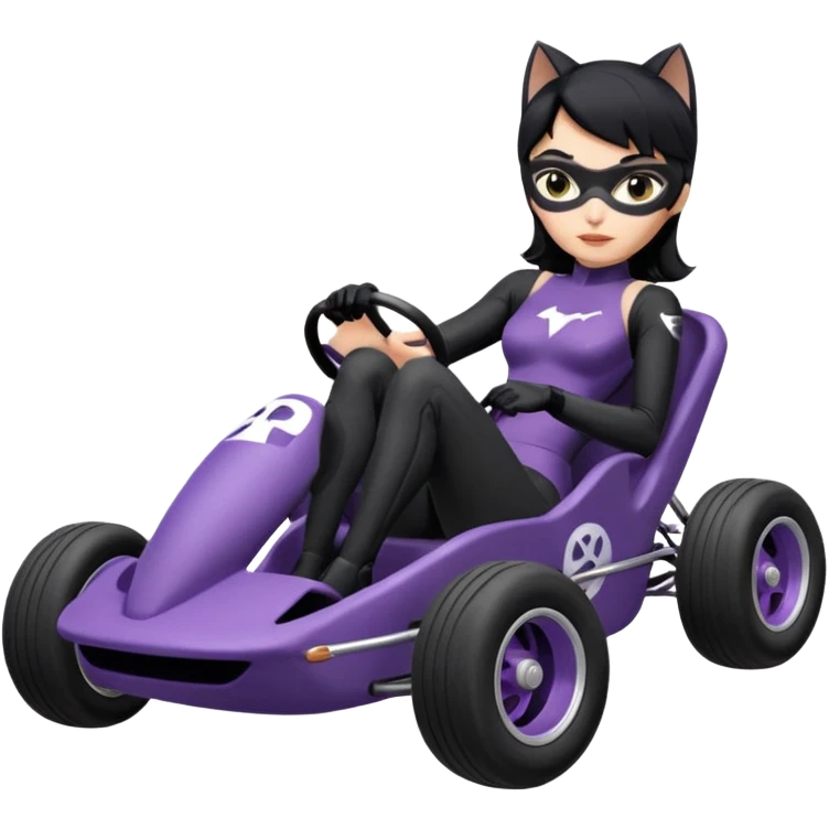 full size real-appearance road  racing sexy buxom CatWoman’s feminine midnight-colored tight outfit sixty’s tv show dark stealthy accurate sporty safe plush deluxe off-road pursuit drifting car jaguar (black hair,reclined and relaxed torso and shoulders back seating position) cross kart  emoji