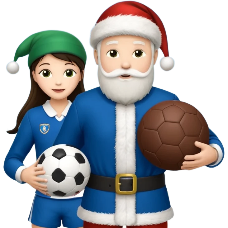 3 atletas, um homem no meio e duas mulheres com cores de pele diferentes, usando elementos esportivos, bola de futebol, luvas de luta e bola de vôlei. Coloque um chapéu de papai noel das cores verde e com uniforme azul e branco emoji