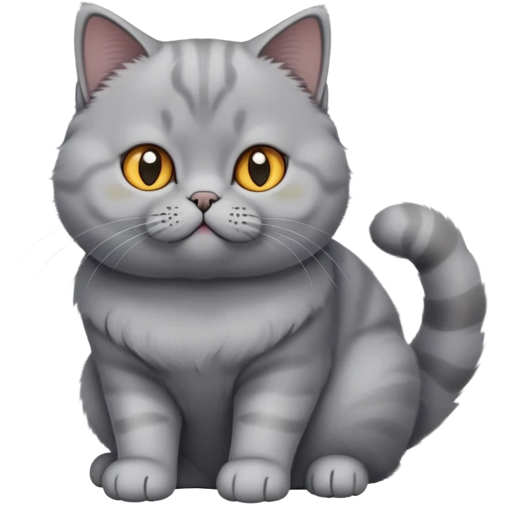 cinematic-[British shorthair cat]-realistic-full-body-sitting-emoji,-tail-curled-playfully-around-its-paws,-head-tilted-dramatically,-fluffy-[grey]-fur,-simplified-yet-hilariously-adorable-features,-highly-detailed,-glowing-with-an-almost-sarcastic-glow emoji