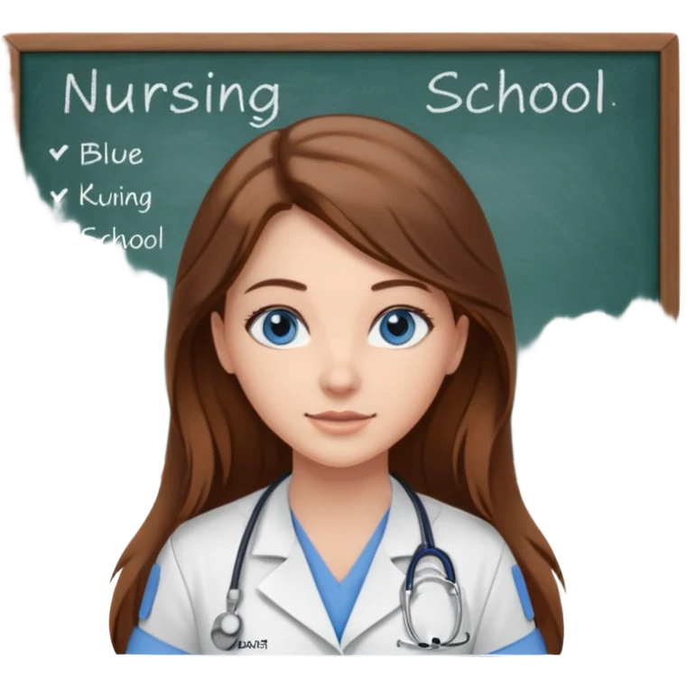 inside a classroom at university that says nursing school on the board with a pretty female nursing student with long brown hair, blue eyes emoji