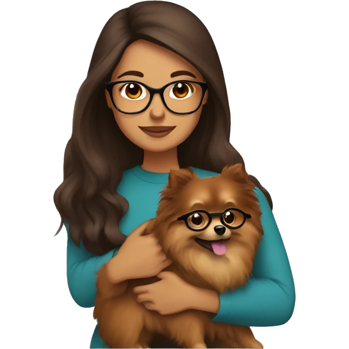 Hispanic woman with long Brown hair with glasses hugging  brown Pomeranian  emoji
