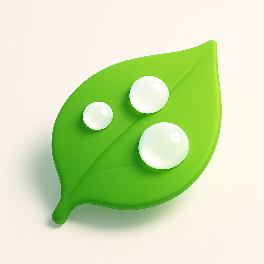 a 3D green leaf with water droplets emoji