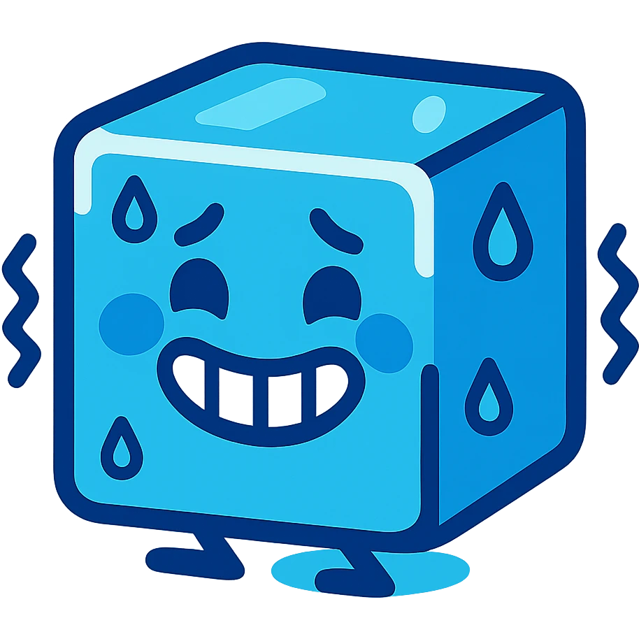 cute blue ice cube with a happy face, shivering but grinning emoji