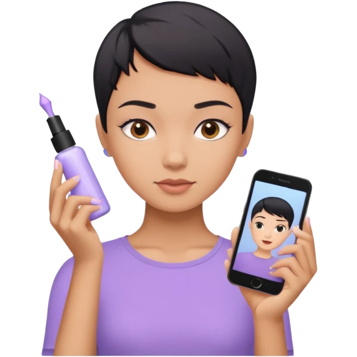 tan girl with pastel purple shirt with black hair & a pixie, doing her skin care emoji
