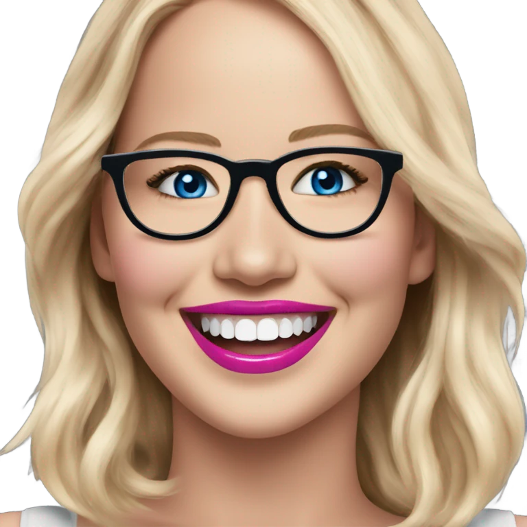 Happy laughing Jennifer Lawrence,  blue eyes wearing glasses and pink lipstick  emoji