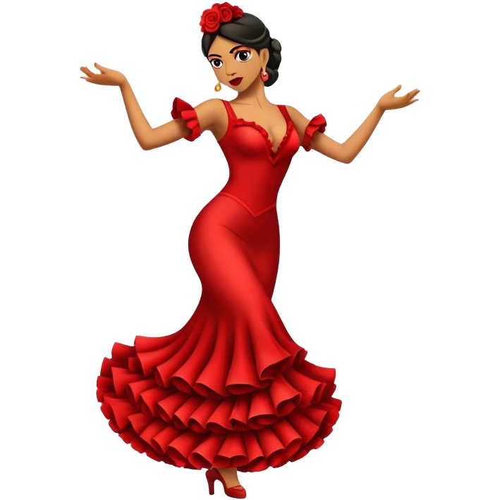 Cinematic Realistic Flamenco Dance Emoji, depicted as a passionate expressive flamenco performance with dramatic costumes and dynamic fiery movements, rendered with vibrant textures and bold energetic lighting that captures its intense rhythm. emoji