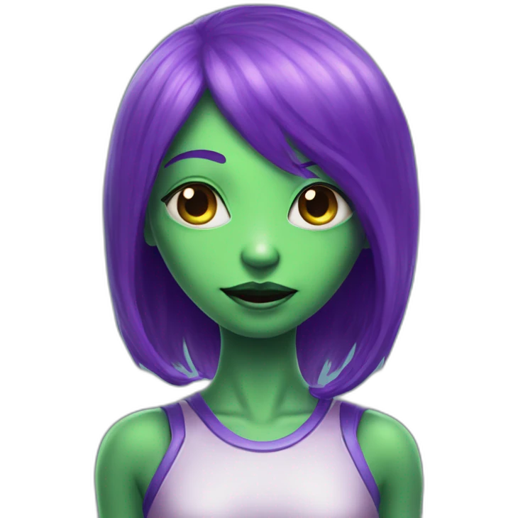 An alien girl with green skin and purple hair says hi emoji