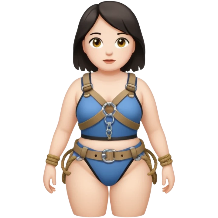Submissive woman in rope chest harness; full body. White skin, chubby, halflong dark hair, hazel eyes. emoji
