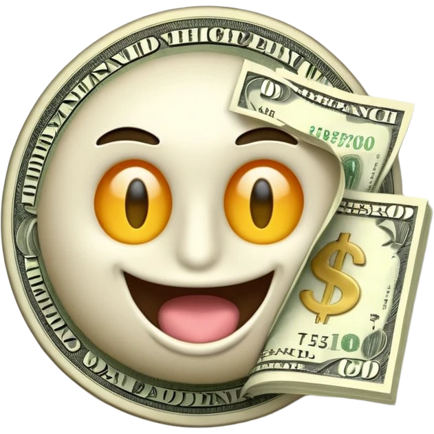 3D glossy money emoji sticker, dollar-sign eyes, cash flying out of mouth, centered. Add curved caption above the emoji: "ТГ - MHGPT4", bold, high-contrast, perfectly readable, sticker outline. Transparent background. emoji