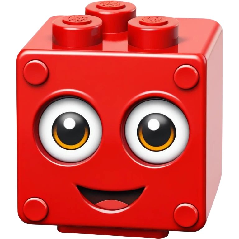 A red Lego building block with big adorable eyes and a happy expression emoji