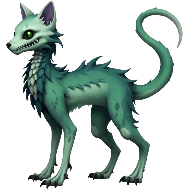 scaley Macabre spectral spooky dark bleak blackish swampy white-skeletal gloomy ghostly dark greyish dark-deep-greenish foggy eldritch beautiful realistic edgy fantasy ghoul-like zombie-like stitched feline-vernid-sergal-fursona animal creature with a tufted tail full body with intricate markings  emoji
