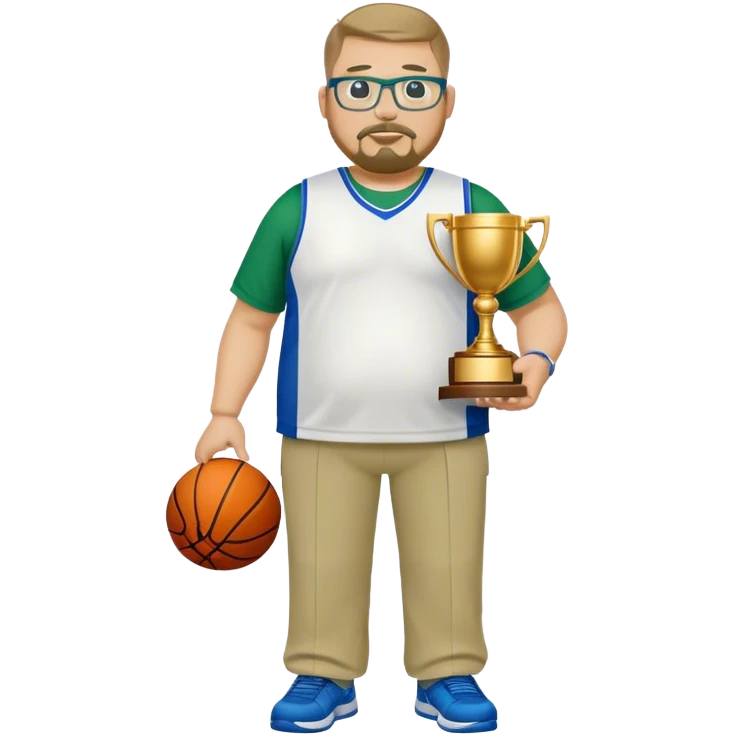 full body white obese male basketball coach with trophy. Goatee , Wearing glasses and blue and green polio with khaki pants emoji