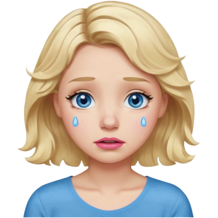 Girl Blonde short wavy hair,  blue eyes, cute blue top, long lashes, pink lips,crying with tears running down the face  emoji