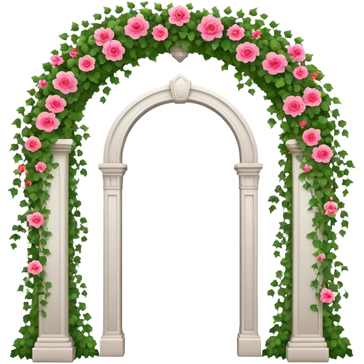 White tall archway with vines, ivies, and romantic pink and red flowers  emoji