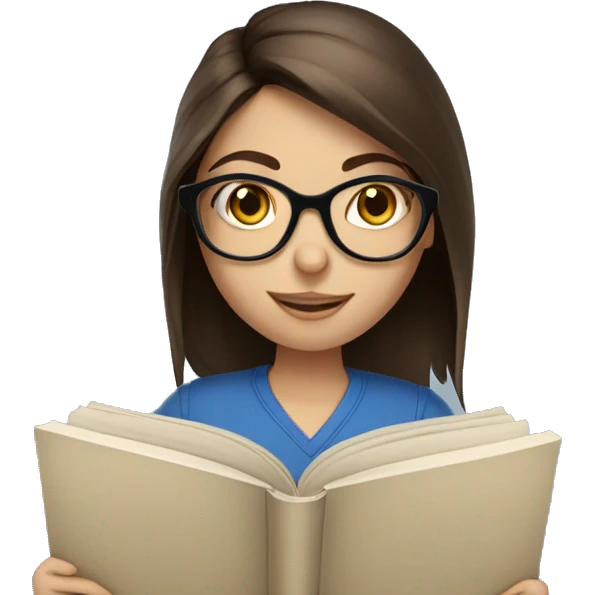 Medium length brunette haired blue eyed girl reading a book and wearing glasses emoji