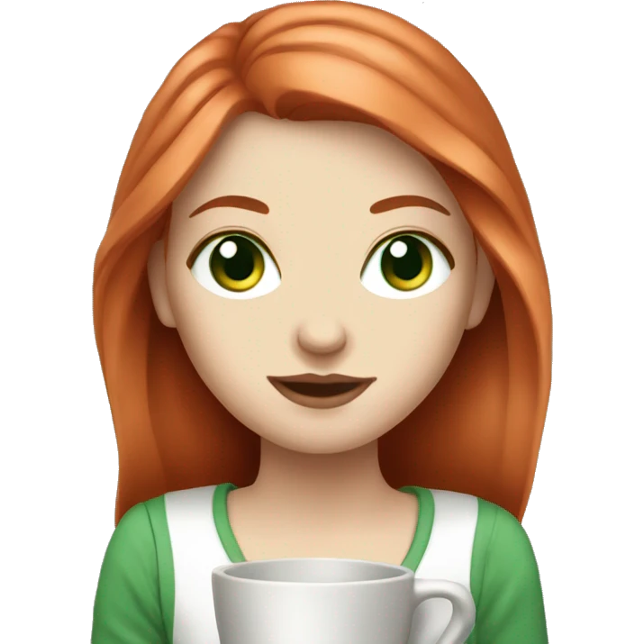 White girl long red hair with green eyes and coffee  emoji