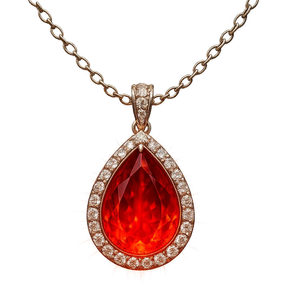 A teardrop-shaped ruby pendant cradled in a delicate silver chain, haloed by shimmering white stones, glowing with fiery red light emoji