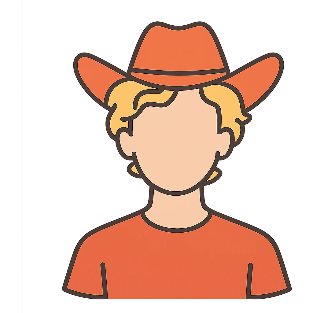 flat toon style young man with wavy blonde hair, blank face, orange cowboy hat emoji