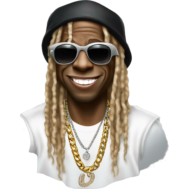 Iconic-style Candid Likeness Lil Wayne:

A laid-back icon with oversized shades, layered chains, tattoos, and a diamond-studded grill, often flashing a big, expressive smile. Cool, confident, and effortlessly stylish. a emoji