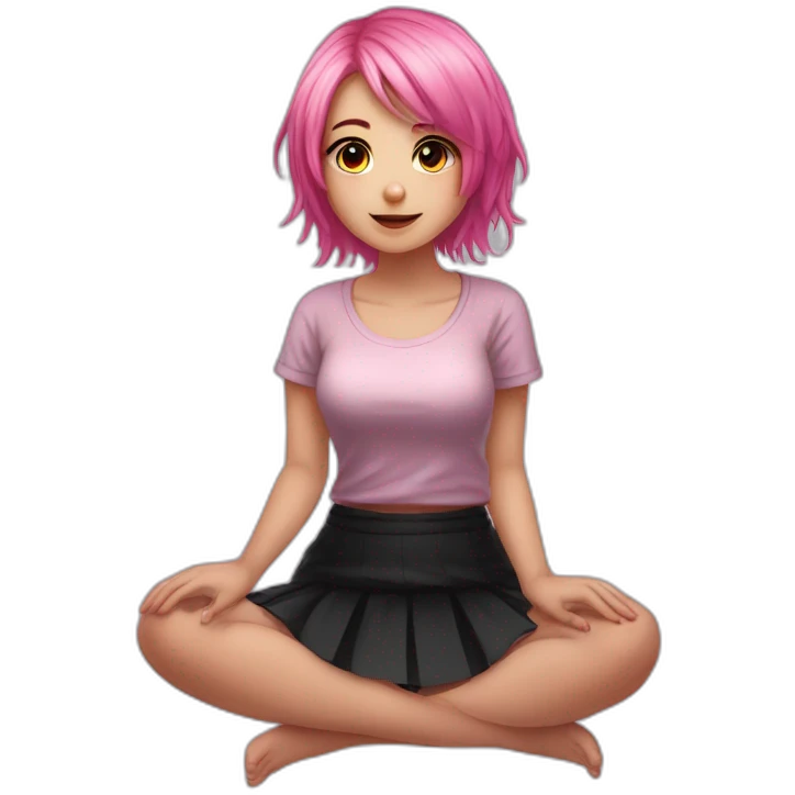 Full body Front view curvy emo girl pink hair sits on the floor straight view hands up black skirt полосатые рваные чулки emoji