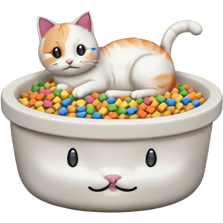 in the style of pixel art, make a cat pet food bowl for a cat. In the bowl is white cat food which is piled so high on top of the bowl. There are small pieces of rainbow food in the bowl too. Take away the cat from on top of the bowl emoji