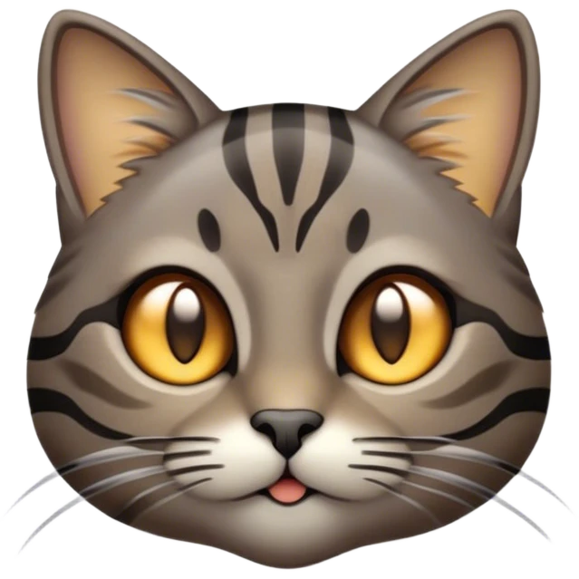 Cinematic Cute Grey and Black Brown Tabby Cat Portrait Emoji, Head tilted playfully and inquisitively, sleek grey-brown fur with bold black tabby stripes and a distinctive M-shaped marking on the forehead, sparkling amber eyes, Simplified yet irresistibly adorable features, highly detailed, glowing with a warm, friendly glow, high shine, affectionate and curious, stylized with a touch of whimsy, bright and endearing, soft glowing outline, capturing the essence of a mischievous yet loving kitten, so playful it feels like it could pounce out of the screen and into your arms! emoji