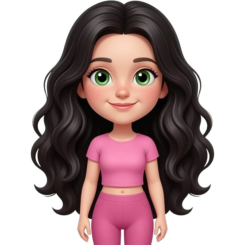 young girl, green eyes and freckles black waves long hair, pink complete top and leggingg, light skin, 3d realistic ,writes a diary emoji